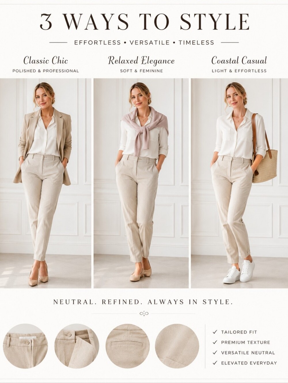Van Heusen Classic Fit Trousers Size 10 | Beige Career Pants | Quiet Luxury | Of - Picture 3 of 9